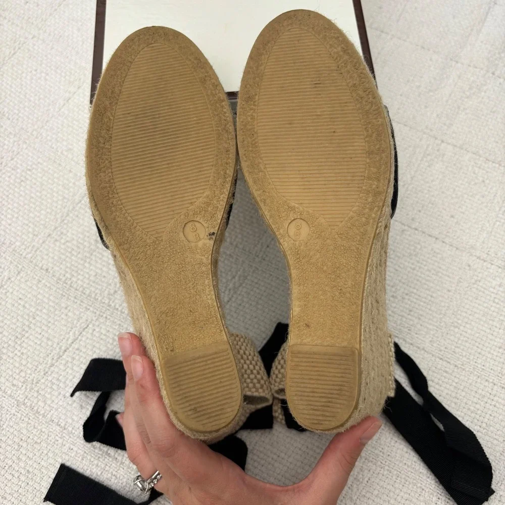 Women's 8 COACH Mila Vintage Black Pewter Espadrille Wedge Lace Up Sandals